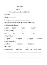 Đề thi cuối học kỳ I môn Toán Lớp 3 - Năm học 2015-2016